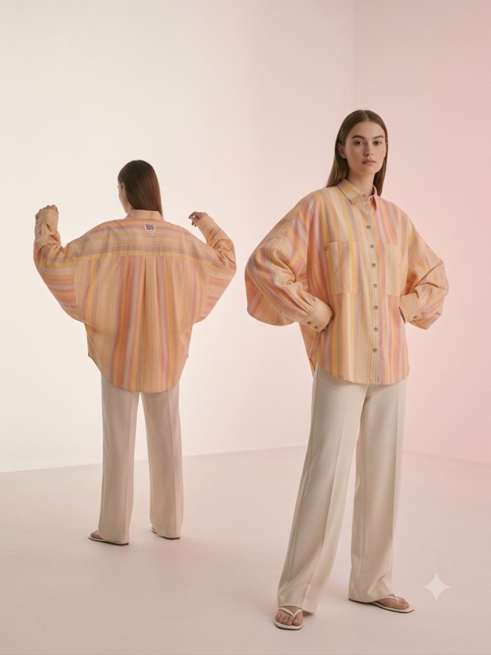 BDG Oversized Stripe Button-Down Shirt in Peach, Pink and Cream